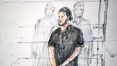 A court-sketch of Salah Abdeslam, the prime suspect in the November 2015 Paris attacks, standing in the courtroom on the first day of the trial. AFP