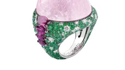 White gold ring from the Melody of Colours collection, featuring one cabochon-cut tourmaline, four marquise-cut rubies, 43 white diamonds and 394 emeralds; Dh270,110. Courtesy de Grisogono.