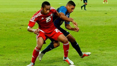UAE's midfielder Ali Salmeen (L) vies with Honduras' midfielder Bryan Acosta during a friendly football match between United Arab Emirates and Honduras at the Estadi Olimpic Lluis Companys in Barcelona. AFP