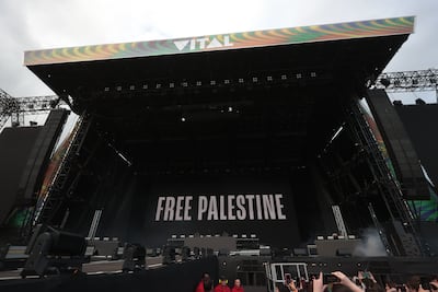 Messages on stage at a Kneecap show in Belfast. Liam McBurney/PA Wire