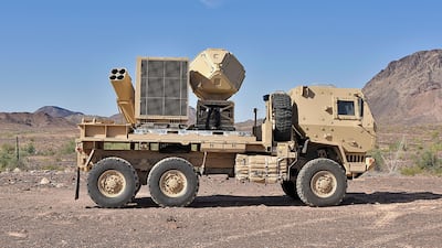 The Ku-band Radio Frequency System is a 360-degree radar that detects incoming drones, rockets, artillery and mortars. It can cue defensive weapons and can be set up within 30 minutes, either in a fixed location or on a vehicle.