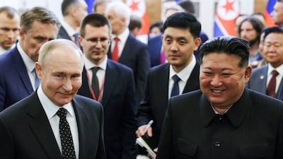 Mr Putin and Mr Kim after their talks in Pyongyang. AP / Sputnik
