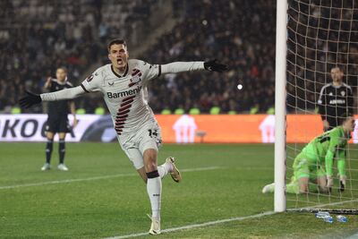 Bayer Leverkusen's Czech forward Patrik Schick celebrates scoring his team's late equaliser against Qarabag in Baku. AFP