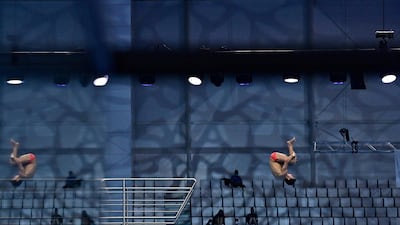Austria's Darlush Lotfi competes in the preliminary for the men's 10m platform diving event during the LEN European Aquatics Championships at the Duna Arena in Budapest on Sunday, May 16. AFP
