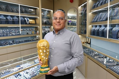 Jeweller Hemant Karamchandani has created a Lego World Cup trophy encrusted with 900 diamonds. Chris Whiteoak / The National