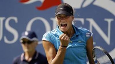 Yanina Wickmayer reacts after winning a point over Kateryna Bondarenko during the US Open in New York.