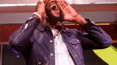 Boxer Deontay Wilder yells during the press conference. AFP