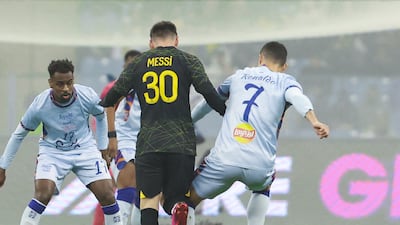 Messi and Ronaldo vie for the ball during the Riyadh All-Stars against PSG at the King Fahd University Stadium in Riyadh, Saudi Arabia. Photo: General Entertainment Authority