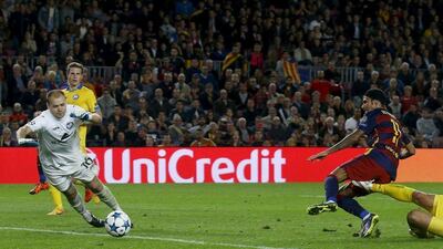 Barcelona’s Neymar scores their third goal on Wednesday night in their Champions League victory over Bate Borisov. Albert Gea / Reuters