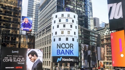 On May 16, John Iossifidis, chief executive of Noor Bank, rang Nasdaq Dubai’s market-opening bell to celebrate the listing of Noor Bank’s $500 million sukuk, acknowledged with a prominent congratulatory message displayed on Nasdaq Tower in Times Square, New York. Courtesy Noor Bank