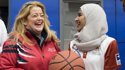 Rawdha Al Otaiba, Deputy Head of Mission at the UAE Embassy in London (right) with Great Britain's Special Olympics chief executive officer, Michelle Carney, during a visit to the Great Britain team's training camp in Sheffield. Stephen Lock for the National