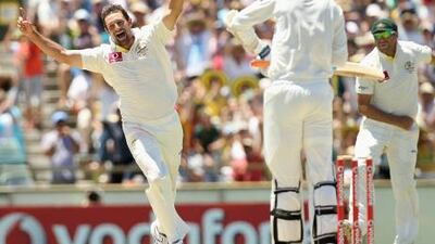 Ben Hilfenhaus, the Australia paceman, celebrates the wicket of India’s Ishant Sharma.