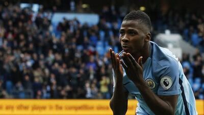 Manchester City’s Kelechi Iheanacho celebrates scoring their first goal. Craig Brough / Action Images / Reuters