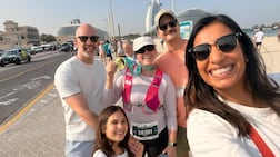 Farah Andrews and her friends after finishing the Burj2Burj Half Marathon. Farah Andrews / The National