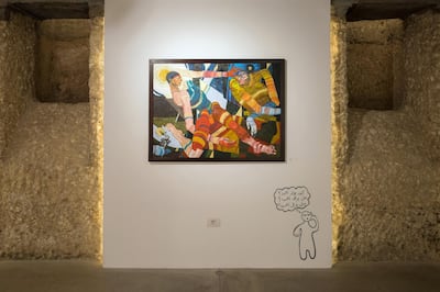 Salam Yousri acts as a guide through the exhibition, speaking to the viewer through illustrated speech bubbles. Courtesy Shelter Art Space