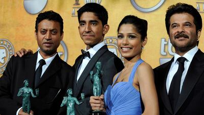 Irrfan Khan, Dev Patel, Freida Pinto, and Anil Kapoor pose with their awards for Outstanding Cast in a Motion Picture for 'Slumdog Millionaire' in the press room at the 15th Screen Actors Guild Awards in 2009. EPA