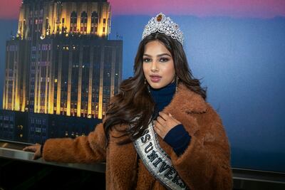 Miss Universe 2021 Harnaaz Sandhu of India wearing her crown inside the observation deck of the Empire State Building. AP