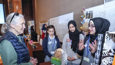 Dr Jane Goodall with ClimateForce Challenge volunteers at Al Bateen Scientific Private School in Abu Dhabi, in 2018. Victor Besa / The National