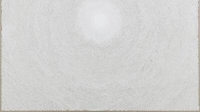 YZ Kami's White Dome I, 2014, Block ink and acrylic on linen, 90 x 99 in : 228.6 x 251.5 cm (Courtesy: Leila Heller Gallery, Dubai)