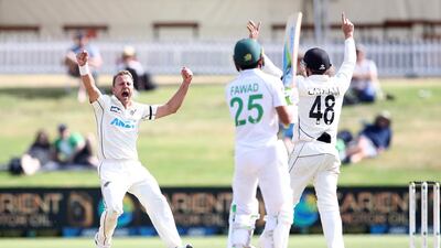 New Zealand's Neil Wagner celebrates taking the wicket of Fawad Alam. Getty