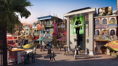 Renderings of the Bollywood Parks in Dubai. Auditions have started to recruit performers to find singers, dancers, actors, and more ahead of its scheduled opening next year. Courtesy Dubai Parks and Resorts