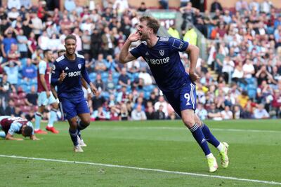 Patrick Bamford celebrates after scoring for Leeds against Burnley. Getty Images