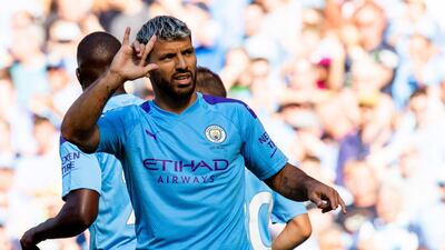 Manchester City's Sergio Aguero celebrates scoring to make it 2-0. EPA