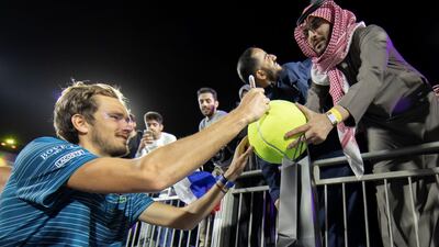 Russian world No 5 Daniil Medvedev signs a tennis ball for a fan at the inaugural Diriyah Tennis Cup held in Saudi Arabia over the weekend. Courtesy photo