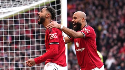 Manchester United's Matheus Cunha celebrates scoring with teammate Bryan Mbeumo. PA