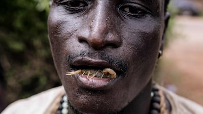 A man holds a live scorpion with his tongue during the Jola Cultural Festival in Thiobon, Senegal. AFP