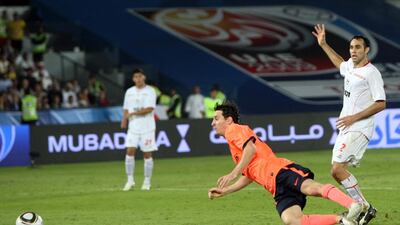 9. Messi scores winning goal against Estudiantes in extra time of the Club World Cup Final at Zayed Sports City in Abu Dhabi in 2009. Stephen Lock / The National