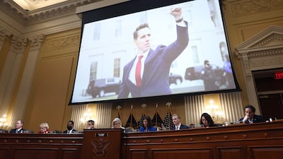 An image of Republican Senator Josh Hawley encouraging the crowd outside the Capitol on January 6, 2021, at a hearing of the House select committee investigating the riots that day. EPA
