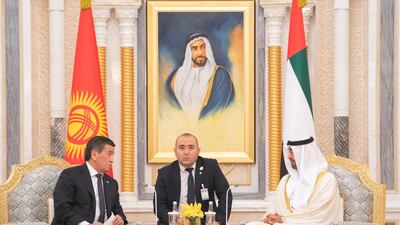 Sheikh Mohamed sits with President Jeenbekov. Rashed Al Mansoori / Ministry of Presidential Affairs