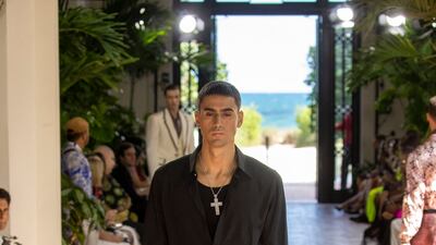 Fanning Art Deco patterning featured on fluid silk trousers