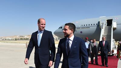 Prince William, Duke of Cambridge is greeted by the Crown Prince Hussein of Jordan (R) after arriving at Marka Airport at the start of his Middle East tour on June 24, 2018 Amman, Jordan. Prince William's five-day tour of the region is his most high-profile foreign trip and the first official visit to Israel and the Occupied Palestinian Territories by a member of the monarchy on behalf of the Government. Getty Images
