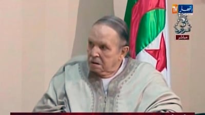 Algerian President Abdelaziz Bouteflika sits in wheelchair as he presents his resignation on April 2, 2019. AP