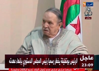 Algerian President Abdelaziz Bouteflika sits in wheelchair as he presents his resignation on April 2, 2019. AP