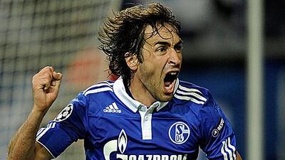 Raul celebrates scoring Schalke's opening goal in their 2-1 win against Inter Milan in Germany.