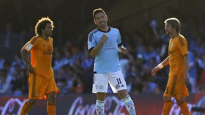 Celta Vigo forward Charles celebrates after scoring his second goal against Real Madrid on Sunday. Miguel Riopa / AFP