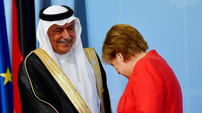 German Chancellor Angela Merkel welcomes Saudi Arabia´s state minister Ibrahim Abdulaziz Al Assaf. Tobias Schwarz / AFP Photo