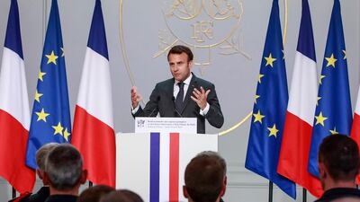 French President Emmanuel Macron addresses Paris Firefighters' brigade and security forces who took part at the fire extinguishing operations of the Notre Dame of Paris Cathedral fire, at the Elysee Palace in Paris, Thursday, April 18, 2019. France paid a daylong tribute Thursday to the Paris firefighters who saved the internationally revered Notre Dame Cathedral from collapse and rescued many of its treasures. AP