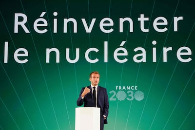 'Reinvent nuclear' was one of President Emmanuel Macron's slogans during a speech on his France 2030 agenda in Paris. AFP