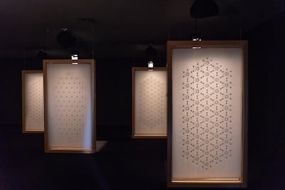 Screens from 'Listen to My Words' (2017). Each screen is made up of three thin, hand-embroidered panels, which together form the design. Courtesy Maraya Art Centre