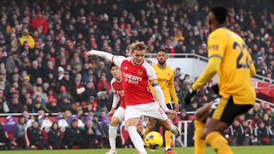 Martin Odegaard scores Arsenal's second goal against Wolverhampton Wanderers. Getty