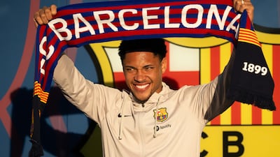 New Barcelona player Vitor Roque is unveiled at Camp Nou. Getty Images