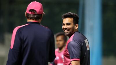 Zaheer Khan shares a joke with Stephen Fleming, head coach of Delhi Bulls, at training in Dubai ahead of the upcoming Abu Dhabi T10. Chris Whiteoak / The National