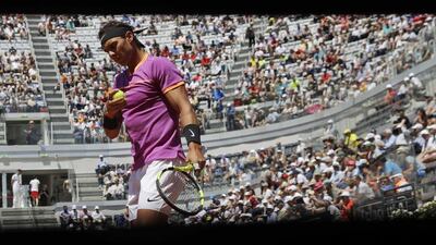 Spain's Rafael Nadal prepares to serve the ball during his match against his countryman Nicolas Almagro at the Italian Open tennis tournament, in Rome, Wednesday, May 17, 2017. Alessandra Tarantino / AP Photo