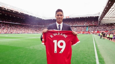 Manchester United's new signing Raphael Varane is unveiled prior to the Premier League match against Leeds United at Old Trafford.