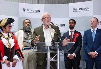 Jeremy Corbyn speaks after being declared winner of the North Islington Parliamentary seat, in London. EPA