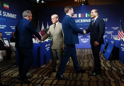 US special envoy Steve Witkoff, Pakistani Prime Minister Shehbaz Sharif, US Vice President JD Vance and Pakistan's Chief of Army Staff Field Marshal Asim Munir at the start of a summit in Switzerland in June aimed at reaching an agreement to end the war with Iran. Getty